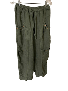 Cherish Made in Italy Sage Green Cropped Drawstring Linen Cargo  Pants O/S